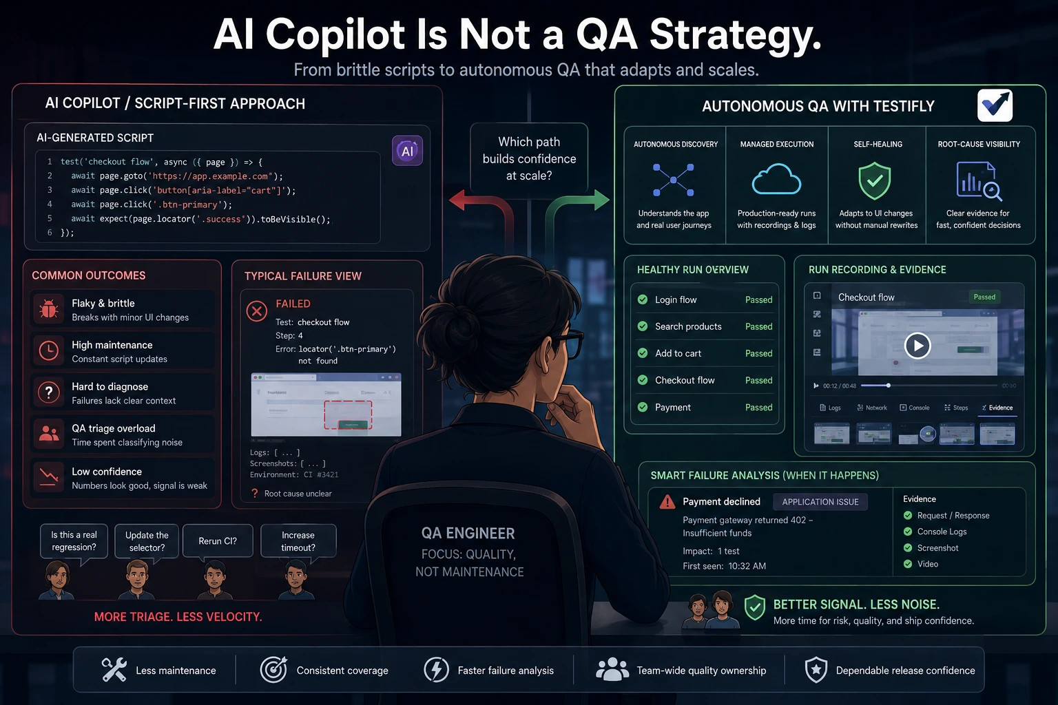 QA engineer evaluating AI-generated scripts versus autonomous QA