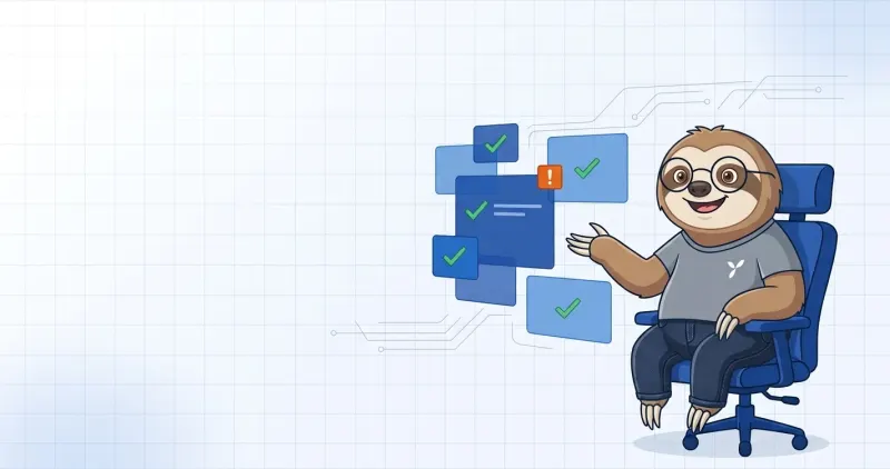A cartoon sloth in a Testifly t-shirt sits in an office chair and gestures toward floating blue panels with green check marks and one orange warning flag