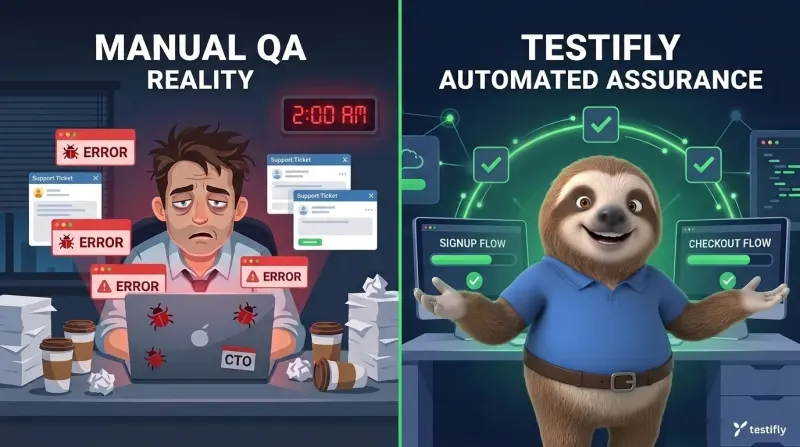 Split illustration contrasting a stressed CTO manually fixing errors at 2am with the Testifly sloth mascot giving a thumbs up as signup and checkout flows pass automatically
