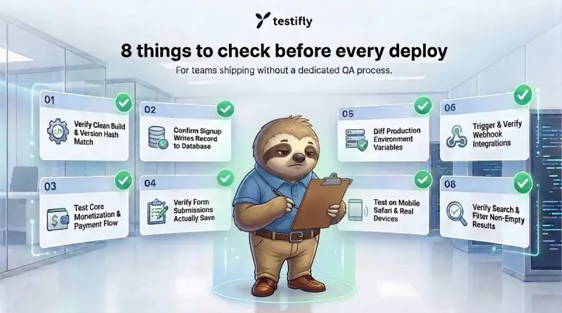 The Testifly sloth mascot writing on a clipboard, surrounded by eight checked-off cards for pre-deploy checks, including verifying the build hash, confirming signups write to the database, testing the payment flow, verifying form submissions save, diffing production environment variables, verifying webhooks, testing on mobile Safari, and checking search results