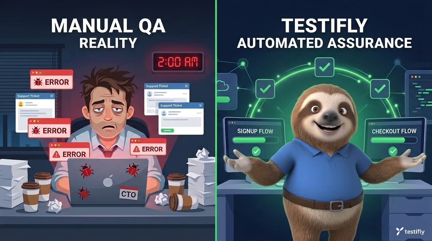 Split illustration contrasting a stressed CTO manually fixing errors at 2am with the Testifly sloth mascot giving a thumbs up as signup and checkout flows pass automatically