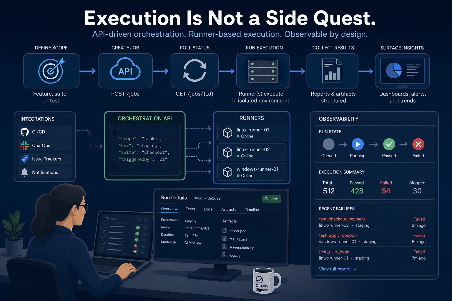 Test orchestration and automation workflows across QA systems